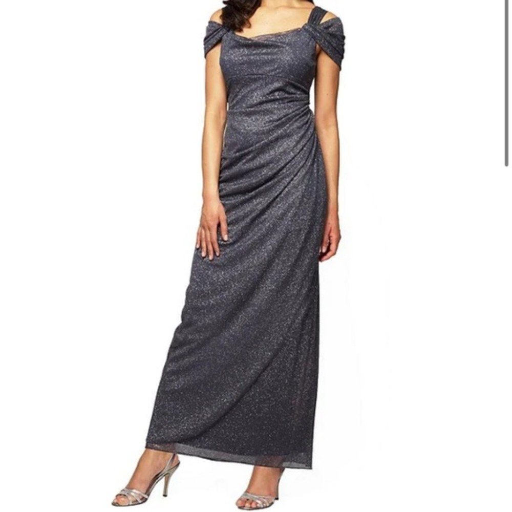 Alex Evenings Cold Shoulder Ruffle Ruched Glitter Sparkle Gown Smoke Size 12